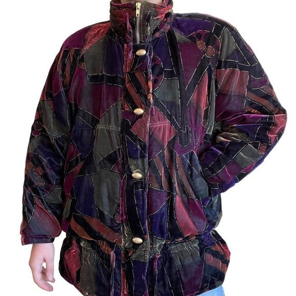Vintage 80s Oversized Womens Velvet Jewel Toned Geometric Retro Ski Jacket Sz M - Picture 1 of 9